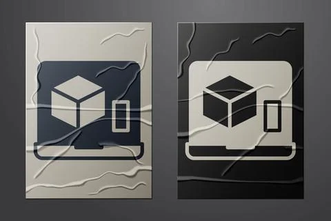White 3D printer icon isolated on crumpled paper background. 3d printing. Paper Stockillustratie