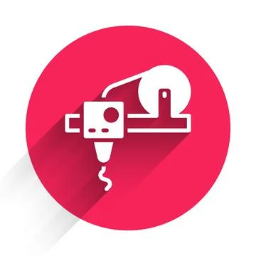 White 3D printer icon isolated with long shadow. 3d printing. Red circle button Stock Illustration