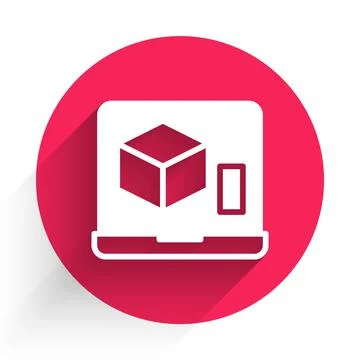 White 3D printer icon isolated with long shadow. 3d printing. Red circle button Stock Illustration