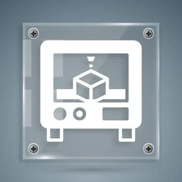 White 3D printer icon isolated on grey background. 3d printing. Square glass Stock Illustration
