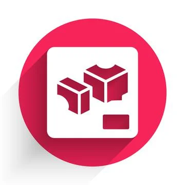 White 3D printer icon isolated with long shadow. 3d printing. Red circle button Stock Illustration