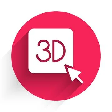White 3D printer icon isolated with long shadow. 3d printing. Red circle button Stock Illustration