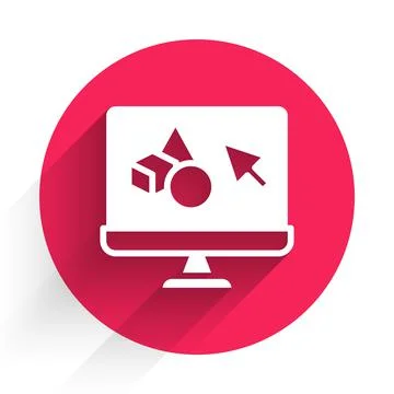 White 3D printer software icon isolated with long shadow. 3d printing. Red Illustrazione stock