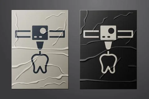 White 3D printer tooth icon isolated on crumpled paper background. 3d printing Stock Illustration