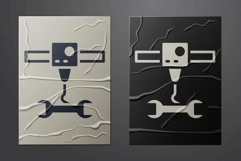 White 3D printer wrench spanner icon isolated on crumpled paper background. 3d Illustrazione stock
