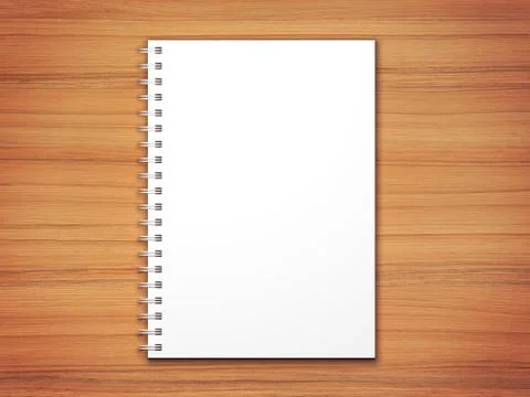 White 3d render blank spiral notepad on wooden desk texture. Illustrazione stock