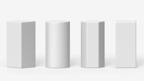 White 3d render pillar podium. Cylinder, square and hexagon column platform set Stock Illustration