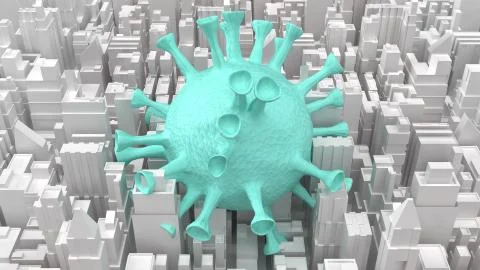 White 3d rendering  city building and blue virus for medical content.. Stock Illustration