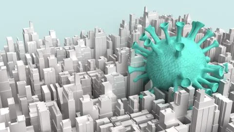 White 3d rendering  city building and blue virus for medical content.. Stock Illustration