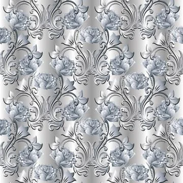 White 3d roses seamless pattern. Silver vector floral background. Stock Illustration
