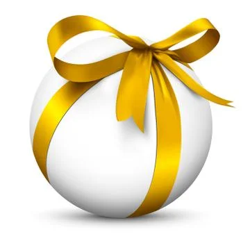 White 3D Sphere with Beautiful Wrapped Golden Ribbon Gift Package Stock Illustration