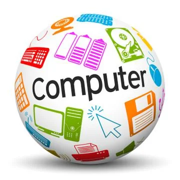 White 3D Sphere with Computer Icons and Text Label Illustrazione stock