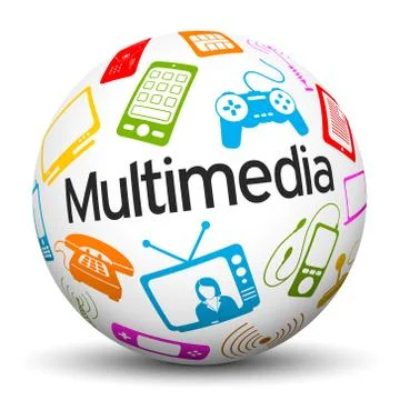White 3D Sphere with Multimedia Icons and Text Label Stock Illustration