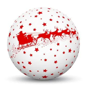 White 3D Sphere with Red Starlets and Santa Claus with Reindeer Sled Stock Illustration