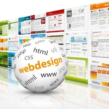 White 3D Sphere With Webdesign Template Wall - SEO Stock Illustration
