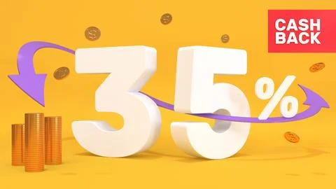 White 3d text 35 percent cashback on a yellow background. Cashback inscriptio Stock Illustration