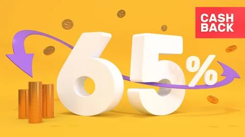White 3d text 65 percent cashback on a yellow background. Cashback inscriptio Stock Illustration