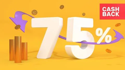 White 3d text 75 percent cashback on a yellow background. Cashback inscriptio 스톡 일러스트