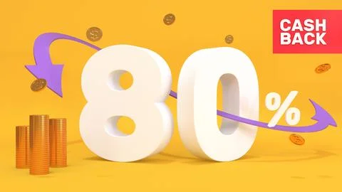 White 3d text 80 percent cashback on a yellow background. Cashback inscriptio Stock Illustration