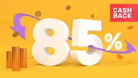 White 3d text 85 percent cashback on a yellow background. Cashback inscriptio Stock Illustration