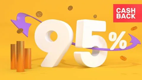 White 3d text 95 percent cashback on a yellow background. Cashback inscriptio Stock Illustration