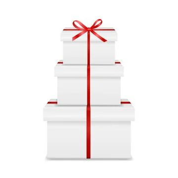 White 3d Vector Gift Boxes Stack with Red Ribbon Bow. Vector Present Pile Stock Illustration