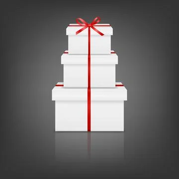 White 3d Vector Gift Boxes Stack with Red Ribbon Bow. Vector Present Pile on Stock Illustration