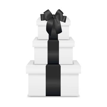 White 3d Vector Gift Boxes Stack with Black Ribbon Bow. Vector Present Pile Stock Illustration