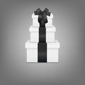 White 3d Vector Gift Boxes Stack with Black Ribbon Bow. Vector Present Pile on Stock Illustration