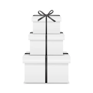 White 3d Vector Gift Boxes Stack with Black Ribbon Bow, Isolated. Vector Present Stock Illustration