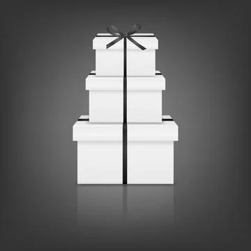 White 3d Vector Gift Boxes Stack with Black Ribbon Bow. Vector Present Pile on Stock Illustration