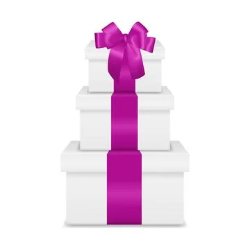White 3d Vector Gift Boxes Stack with Pink Ribbon Bow. Vector Present Pile Stock Illustration
