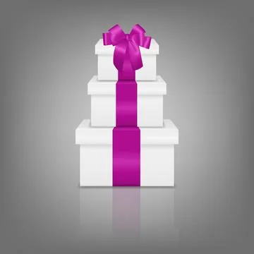 White 3d Vector Gift Boxes Stack with Pink Ribbon Bow. Vector Present Pile on Stock Illustration