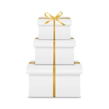 White 3d Vector Gift Boxes Stack with Golden Ribbon Bow, Isolated. Vector Stock Illustration