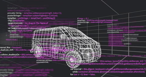 White 3D wireframe van floating on dark gray grid, showing JavaScript HTML code Stock Footage 307453043