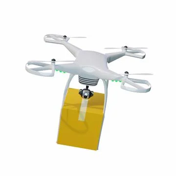 A white 4-propeller drone is flying to deliver parcels. Parcel delivery techn Stockfoto's