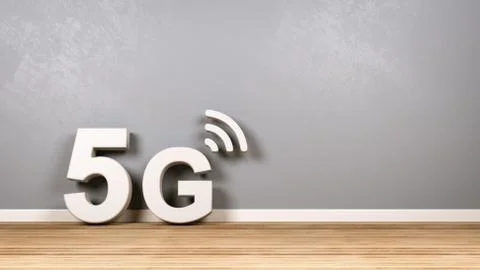 White 5G Mobile Network 3D Text Symbol Shape on Wooden Floor Stock Illustration