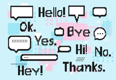 White 8 bit speech bubbles set, pixel short phrases Stock Illustration