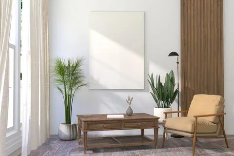 A White A4 Frame Mockup on Light Interior Wall. 3D render. Stock Illustration