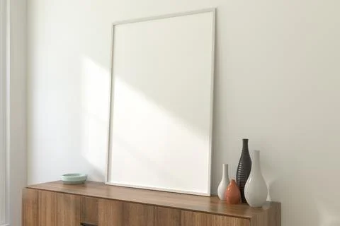 A White A4 Frame Mockup on Light Interior Wall. 3D render. Illustrazione stock