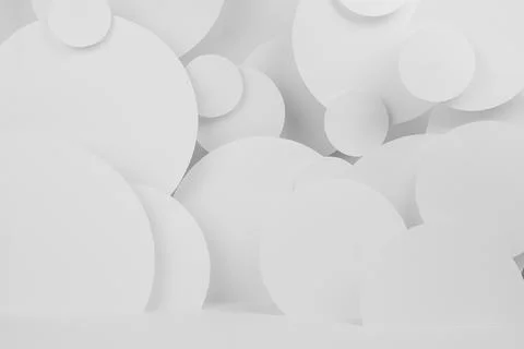 White abstract background of fly circles different size with perspective, flo Foto stock