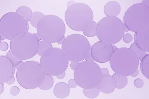 White abstract background with flying violet plastic circles, pattern, top vi Illustrazione stock