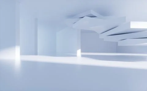 White abstract geometric architecture, Interior geometry scene, 3d rendering. Ilustración de archivo