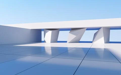 White abstract geometric construction, empty outdoor architecture scene, 3d r Illustrazione stock