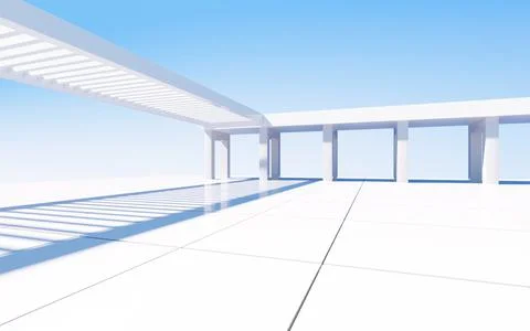 White abstract geometric construction, empty outdoor architecture scene, 3d r Stock Illustration
