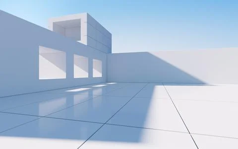 White abstract geometric construction, empty outdoor architecture scene, 3d r Illustrazione stock
