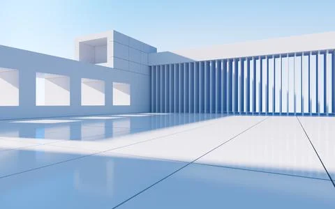 White abstract geometric construction, empty outdoor architecture scene, 3d r Stock Illustration