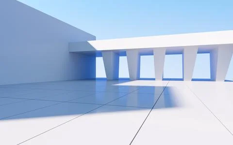 White abstract geometric construction, empty outdoor architecture scene, 3d r Stock Illustration