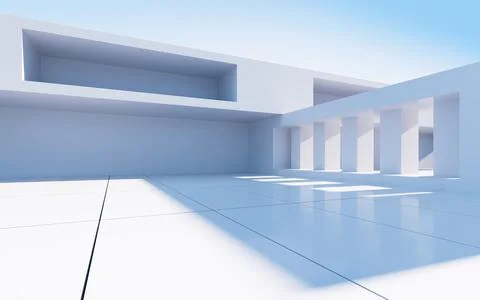 White abstract geometric construction, empty outdoor architecture scene, 3d r Stock Illustration