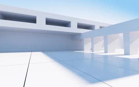 White abstract geometric construction, empty outdoor architecture scene, 3d r Stock Illustration